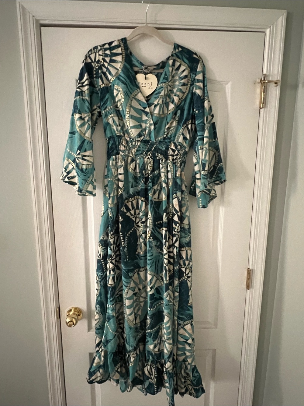 NWT! Paani Teal and Gold V-Neck Maxi Dress